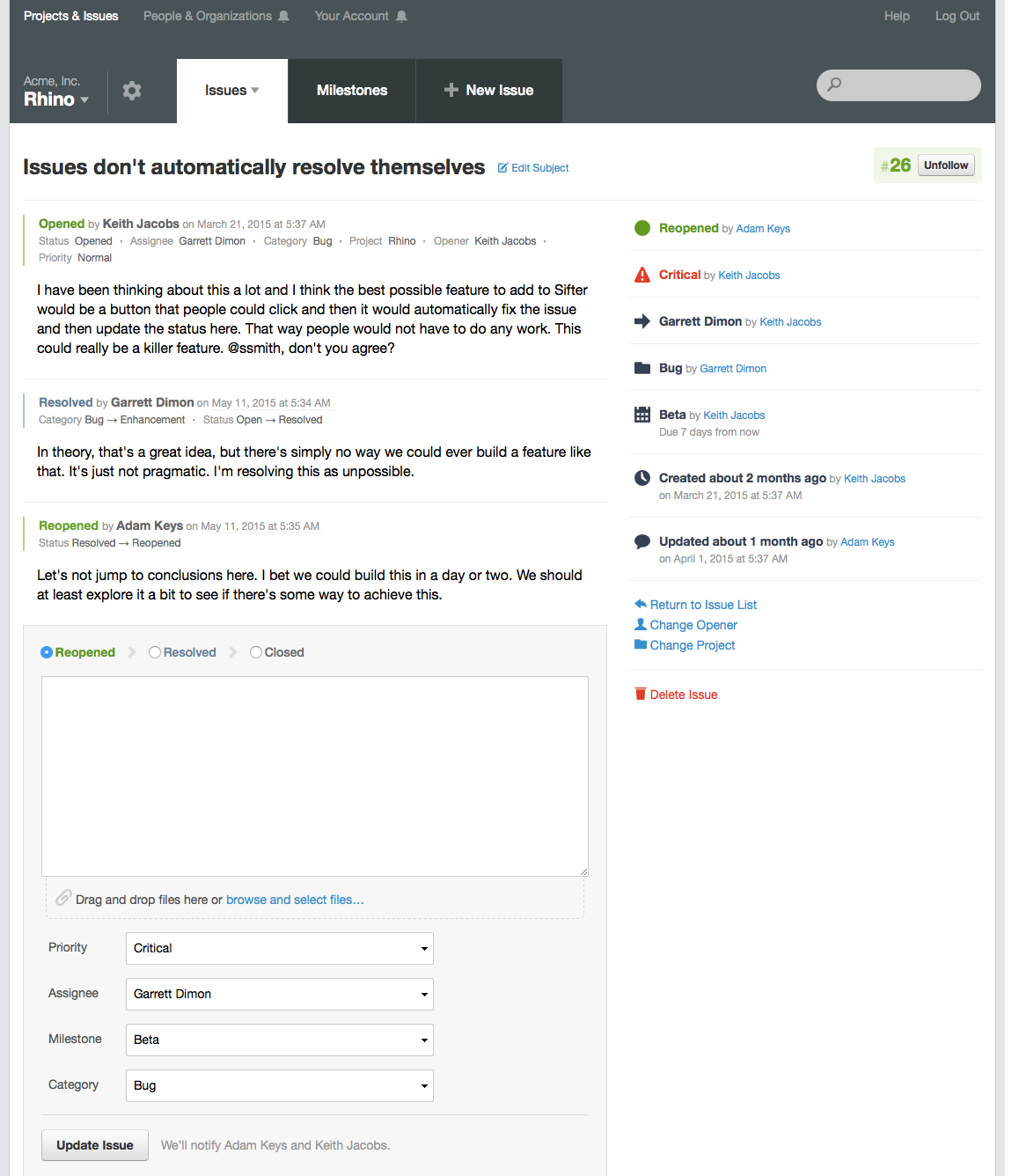 Screenshot of the issue detail page in Sifter