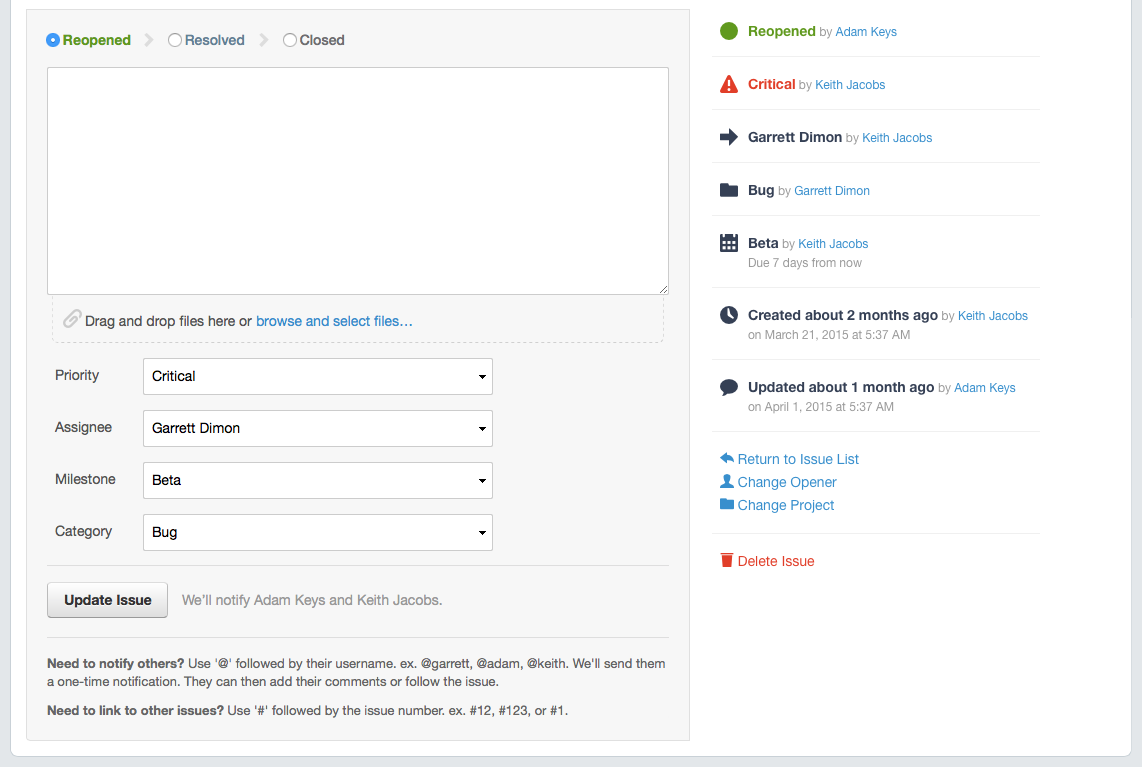 Screenshot of the issue detail page in Sifter scrolled to the comment form