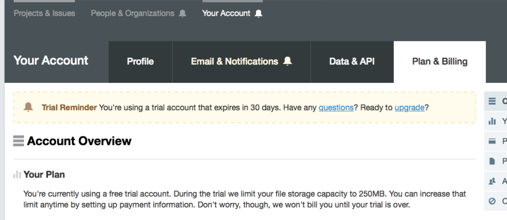 Screenshot of a trial reminder within the account area of Sifter
