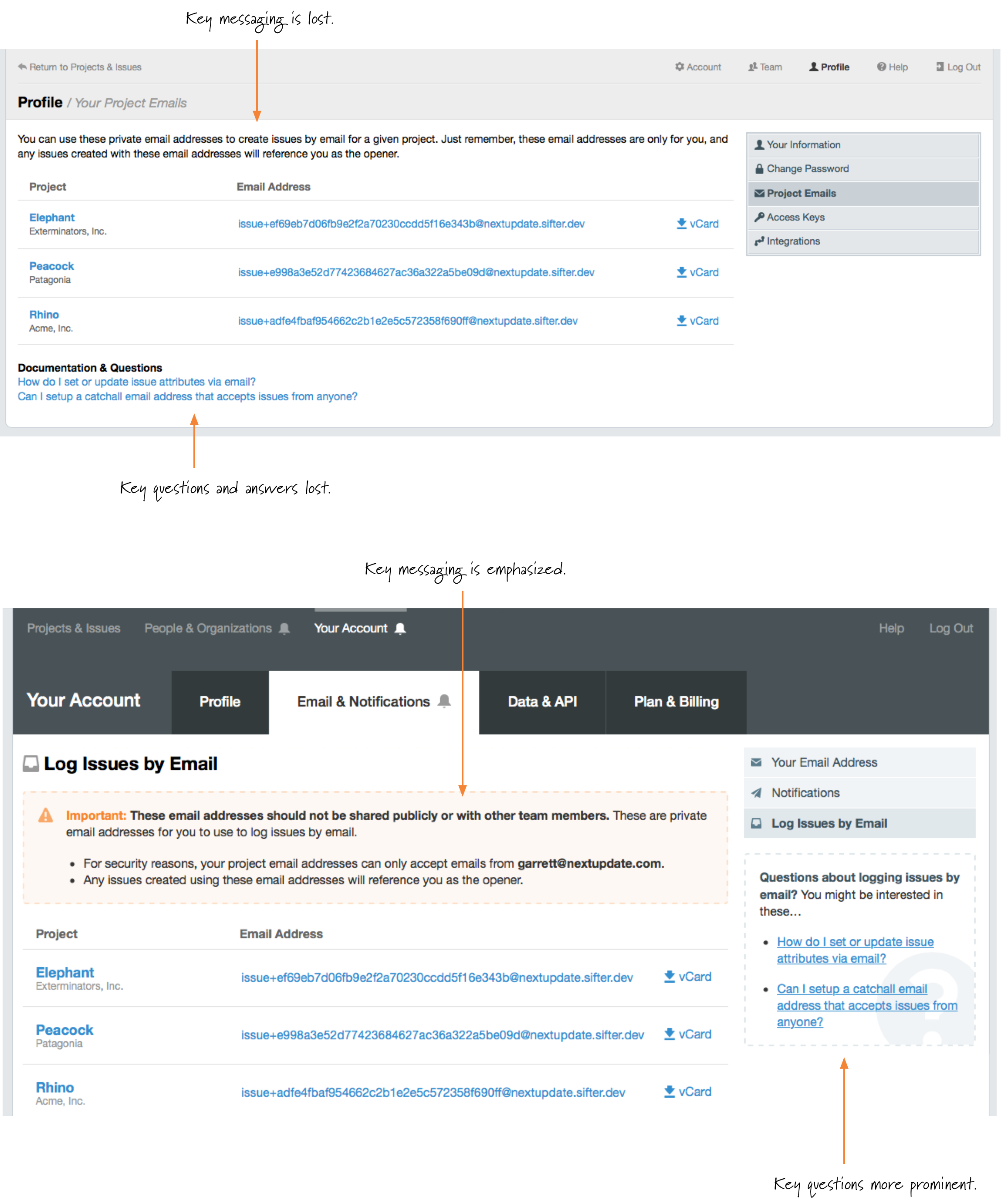 Before and after screenshots showing how much more visible key information is with our new approach to notifications.