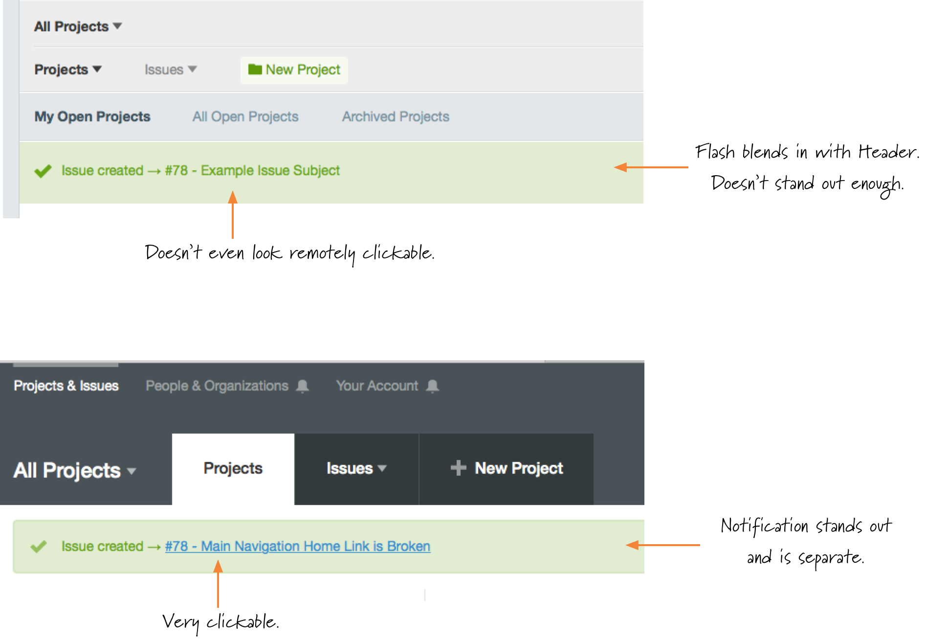 Screenshot of header with flash messaging before and after to illustrate the improved contrast.