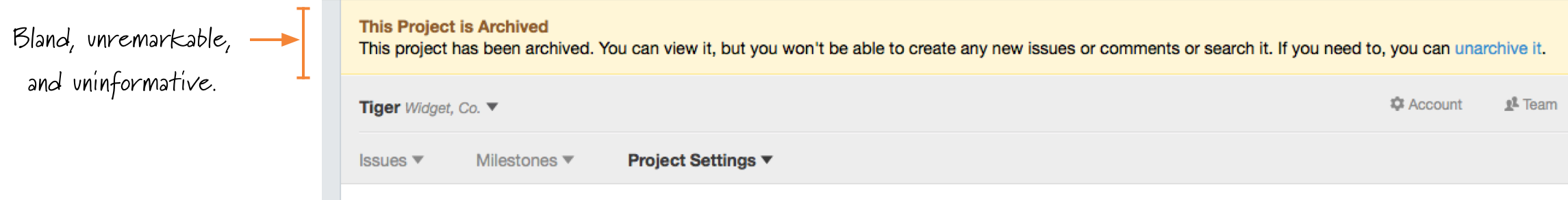 Screenshot of the standard big yellow bar over the header to indicate an archived project.
