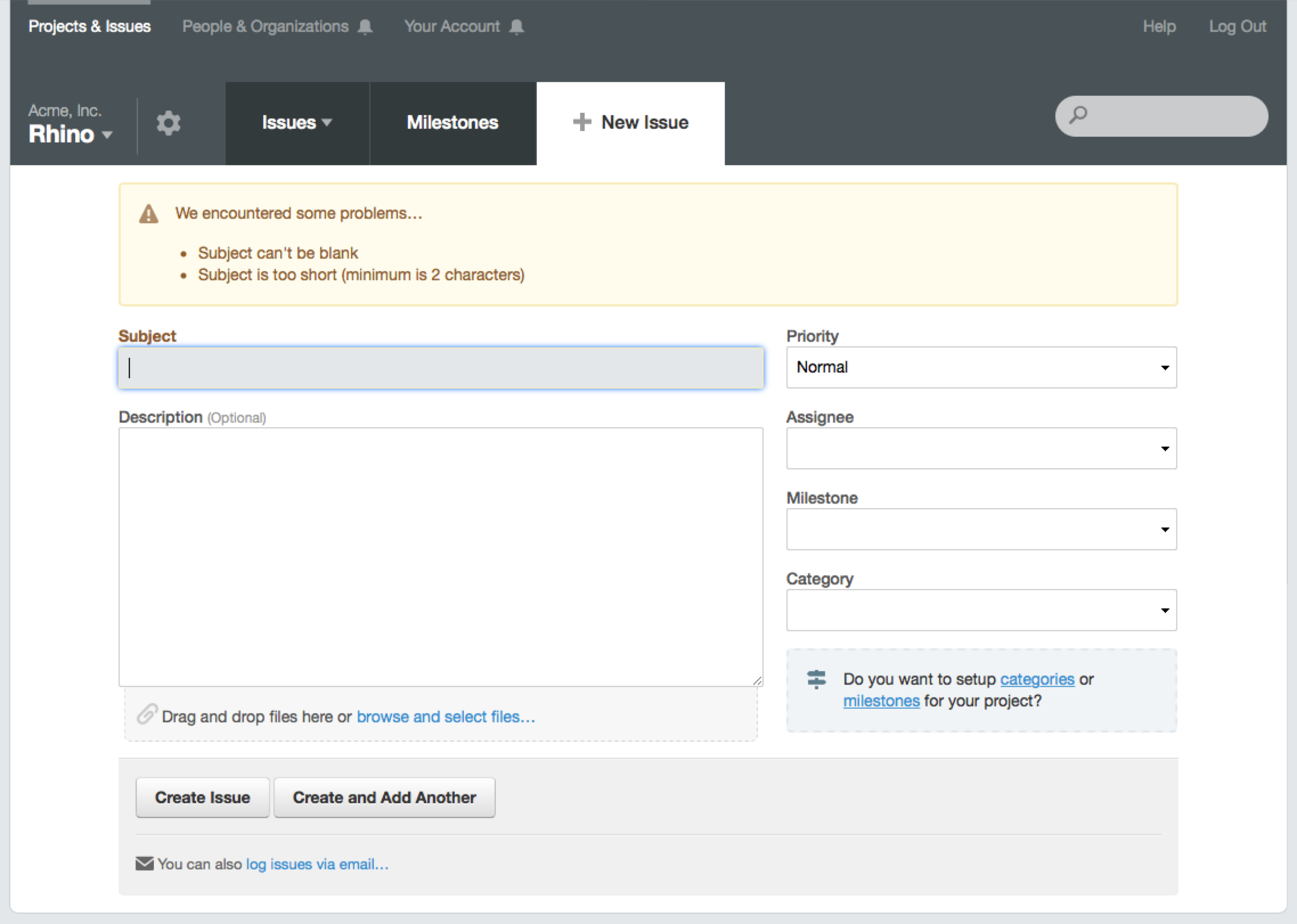 Screenshot of error messaging after a failed attempt to create an issue.