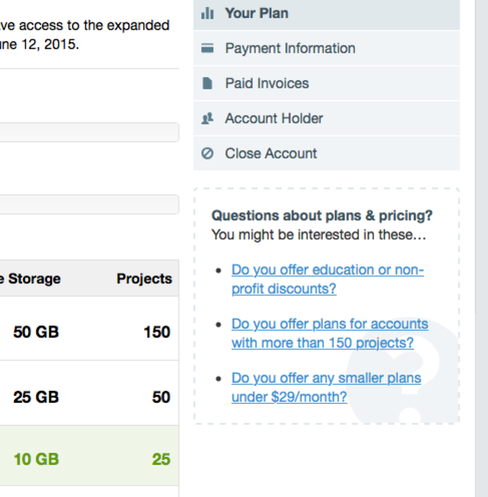 Screenshot of questions linked from our plans and pricing page within the application.