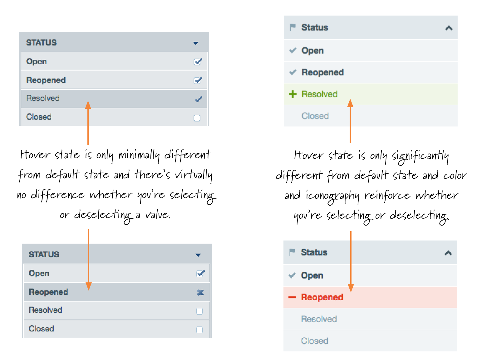 Screenshot showing the filter option hover states before and after.