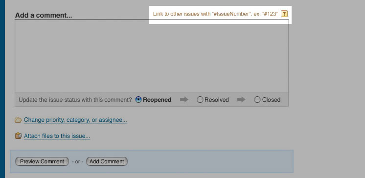 The comment form with a short sentence of explanatory text that typing #123 will create a link to issue number 123.