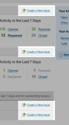 A partial shot of the dashboard highlighting the links for creating new issues.
