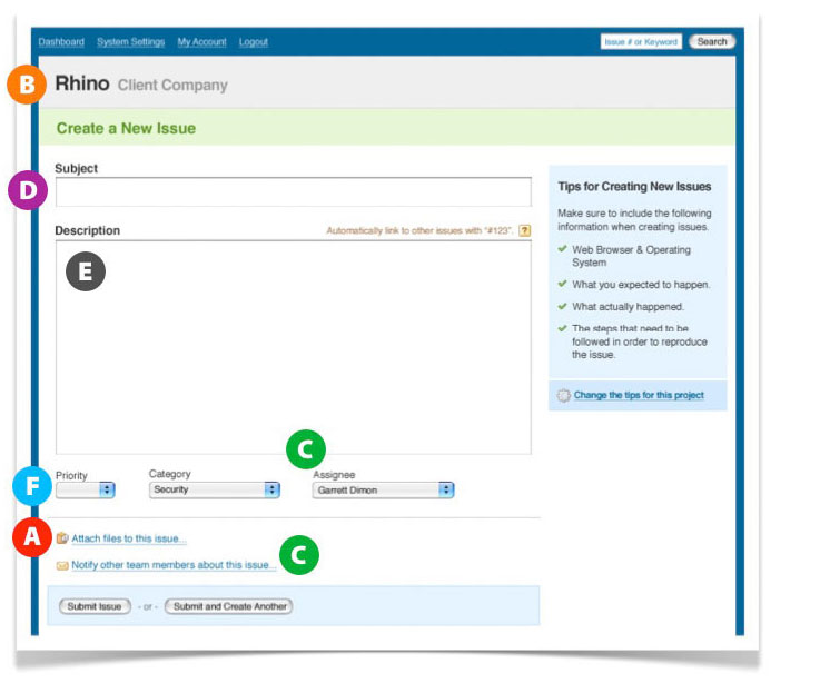 A screenshot of the browser interface for issue submission with different parts labeled with letters.