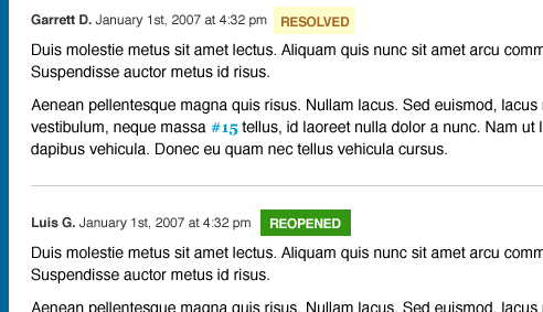 A yellow 'Resolved' keyword appears next to one comment while the next comment has a green 'Reopened' keyword associated with it.