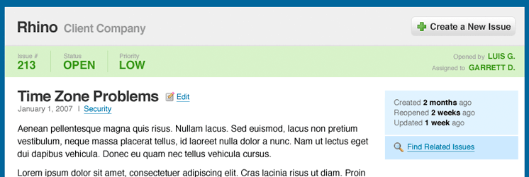 The header of the issue page is a bold green bar that includes information such as status, opener, and assignee.