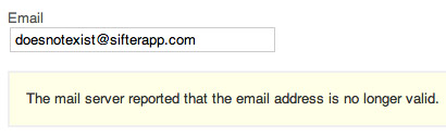 The bounce error is displayed near the email field to identify the problem.
