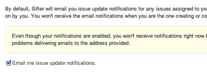 A reminder message displayed near the email notifications box.