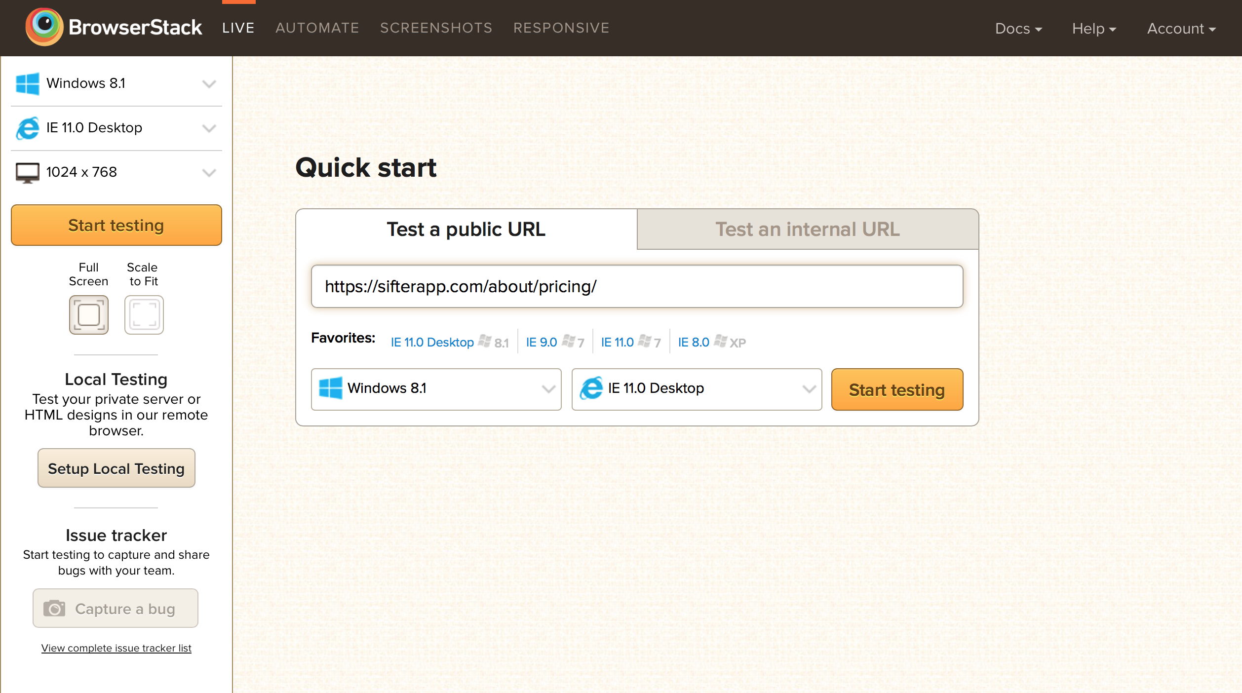 A screenshot of BrowserStack's starting page for choosing operating system, browser, and screen resolution.