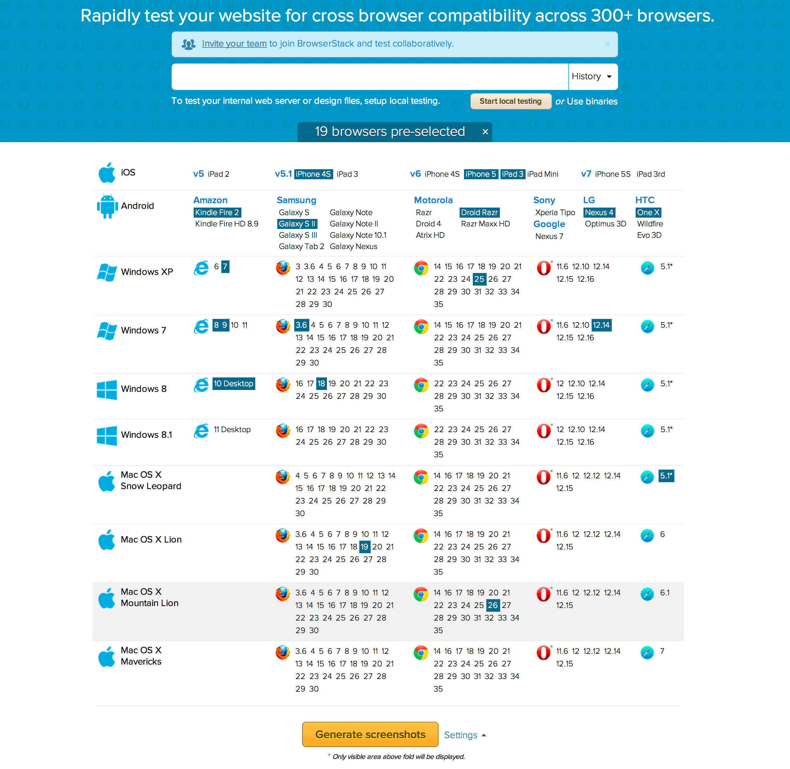 Screenshot of the variety of platforms and browsers available for BrowserStack's screenshot service.