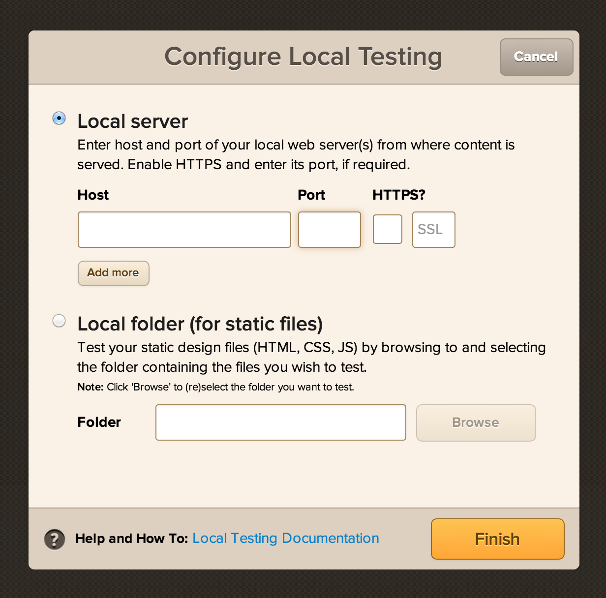 A screenshot of BrowserStack's local testing configuration.