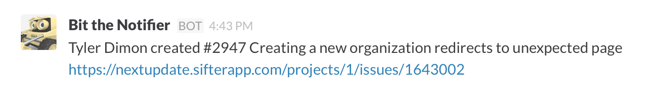 A screenshot of a new issue notification in our team Slack room.