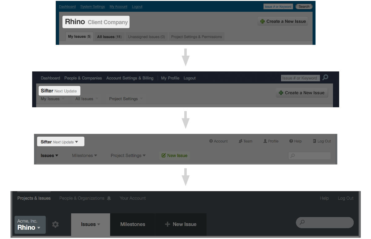 Screenshots showing how the project and project's company name has been fairly stable and located near the top left throughout the iterations.