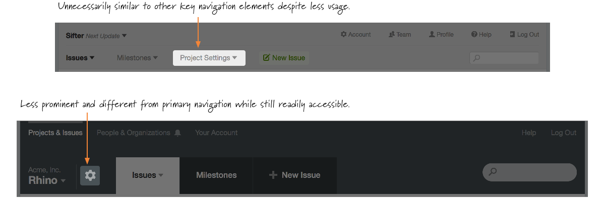 A screenshot illustrating how the 'Project Settings' option had the same visual treatment as the other navigation options.