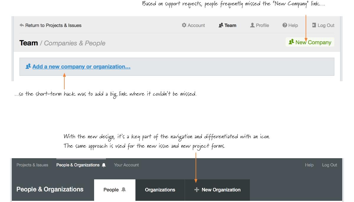 Screenshots showing the location of the previous 'New Company' link vs. the updated version with a more prominent 'New Organization' link.