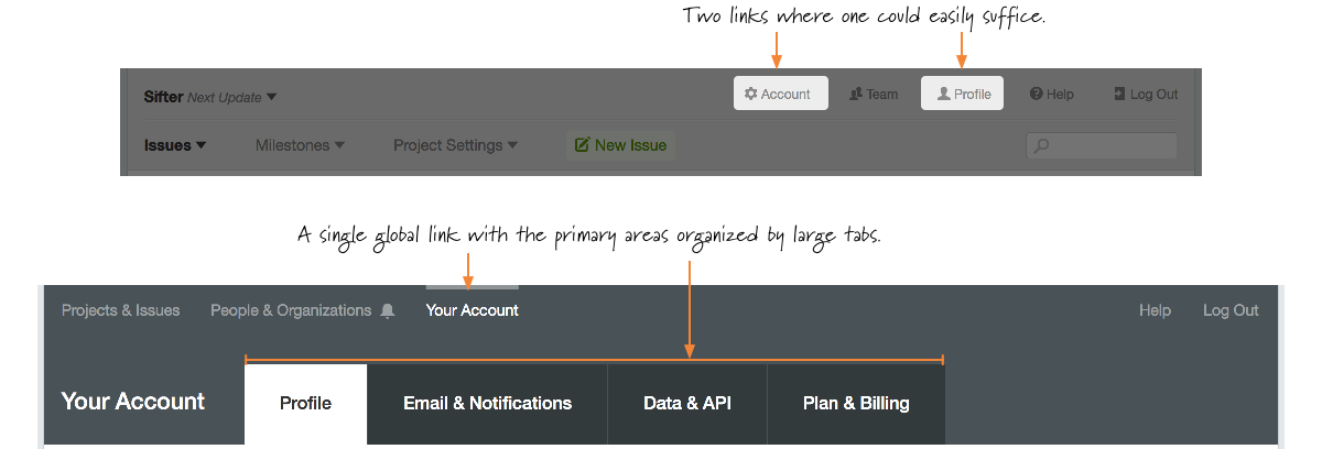 A screenshot of the earlier iteration with profile and account areas separate and the new navigation with everything under a single 'Your Account' link.