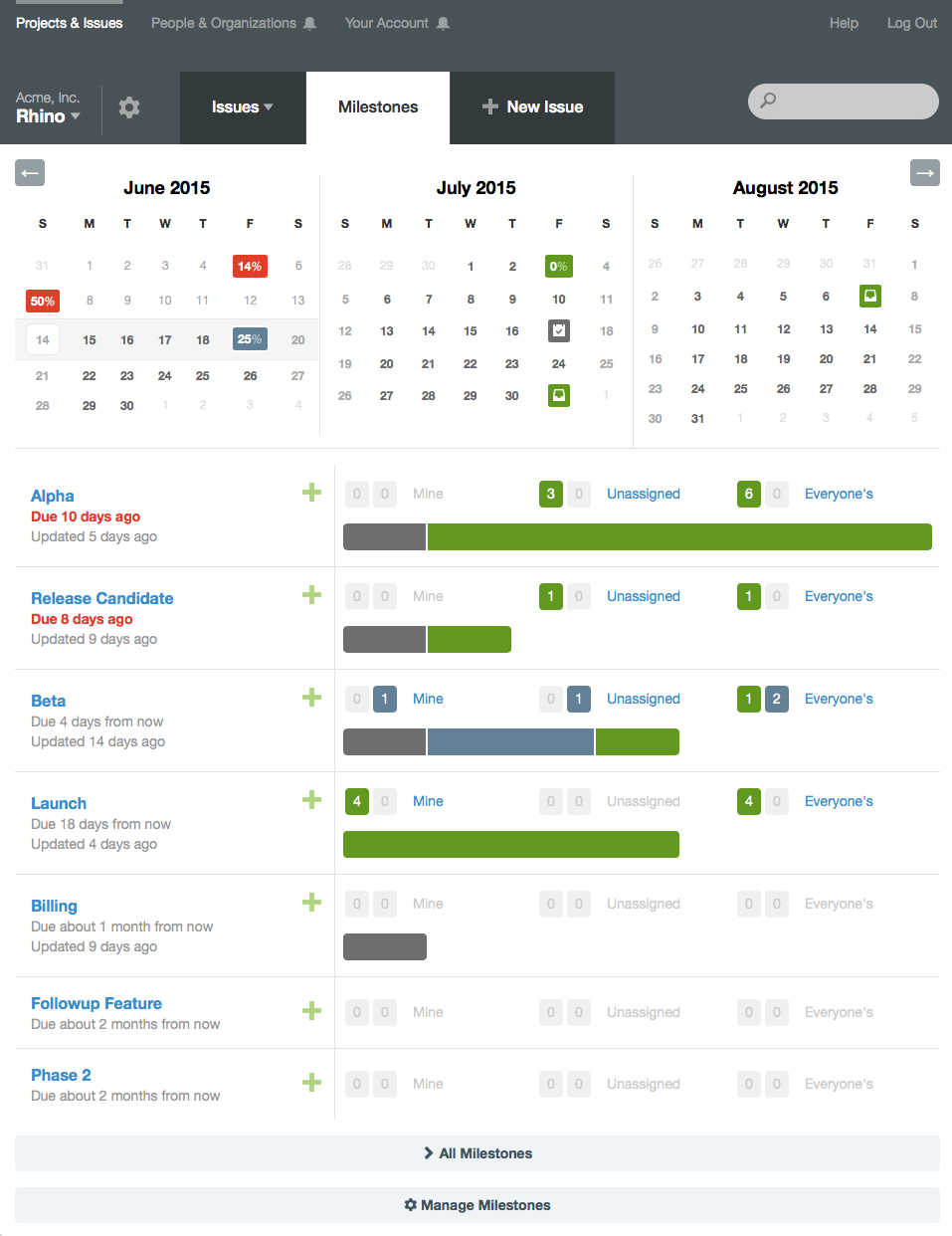 A screenshot of the milestone listing page with a calendar to help visualize progress towards upcoming milestones.
